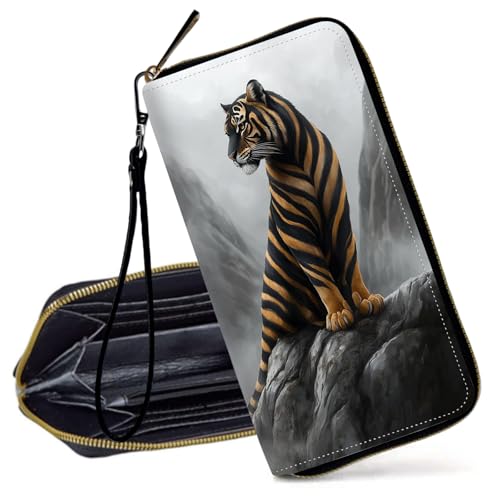 Decahouy RFID-blockierende Geldbörse für Frauen – schlanke PU-Leder-Reißverschluss-Clutch, niedliche Kreditkartenetui mit Handgelenkschlaufe für Damen, Schwarz-goldener Tiger von Decahouy