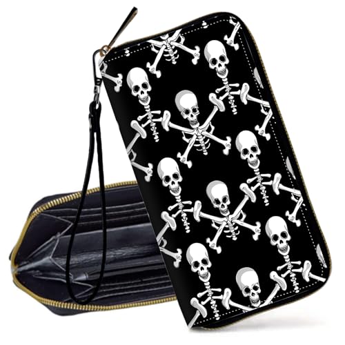 Decahouy RFID-blockierende Geldbörse für Frauen – schlanke PU-Leder-Reißverschluss-Clutch, niedliche Kreditkartenetui mit Handgelenkschlaufe für Damen, Schwarz-weiße Cartoon-Skelette von Decahouy
