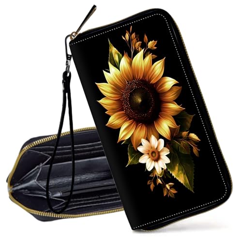 Decahouy RFID-blockierende Geldbörse für Frauen – schlanke PU-Leder-Reißverschluss-Clutch, niedliche Kreditkartenetui mit Handgelenkschlaufe für Damen, Sonnenblume Schmetterling Löwenzahn von Decahouy