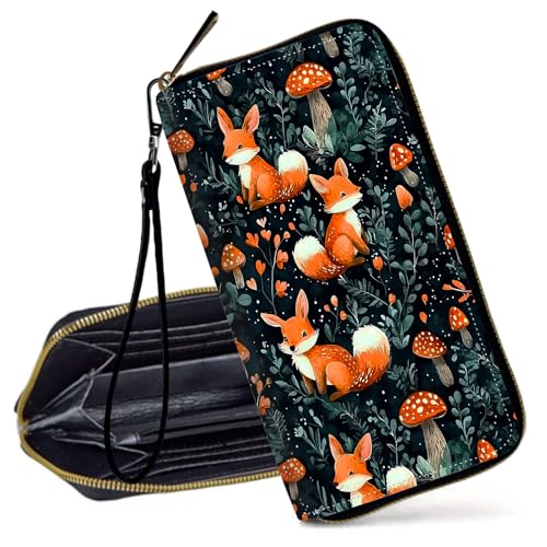 Decahouy RFID-blockierende Geldbörse für Frauen – schlanke PU-Leder-Reißverschluss-Clutch, niedliche Kreditkartenetui mit Handgelenkschlaufe für Damen, Süße Frösche und Pilze von Decahouy