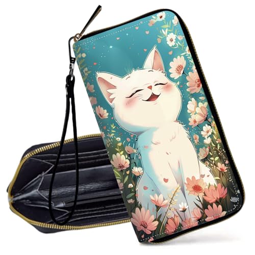 Decahouy RFID-blockierende Geldbörse für Frauen – schlanke PU-Leder-Reißverschluss-Clutch, niedliche Kreditkartenetui mit Handgelenkschlaufe für Damen, Süße lächelnde weiße Katze von Decahouy