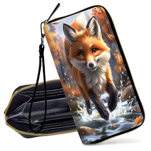 Decahouy RFID-blockierende Geldbörse für Frauen – schlanke PU-Leder-Reißverschluss-Clutch, niedliche Kreditkartenetui mit Handgelenkschlaufe für Damen, Süßer Fuchs läuft im Wald von Decahouy