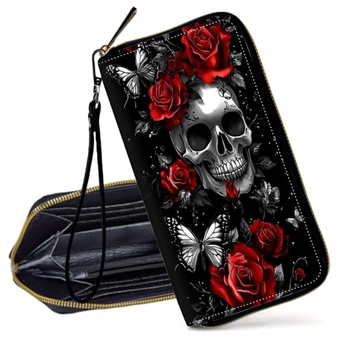 Decahouy RFID-blockierende Geldbörse für Frauen – schlanke PU-Leder-Reißverschluss-Clutch, niedliche Kreditkartenetui mit Handgelenkschlaufe für Damen, Totenkopf rote Rosen und Schmetterling von Decahouy