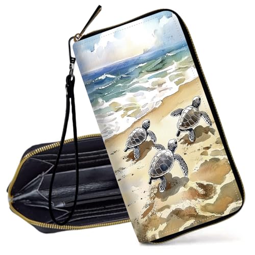 Decahouy RFID-blockierende Geldbörse für Frauen – schlanke PU-Leder-Reißverschluss-Clutch, niedliche Kreditkartenetui mit Handgelenkschlaufe für Damen, Tropischer Strand und Palme von Decahouy