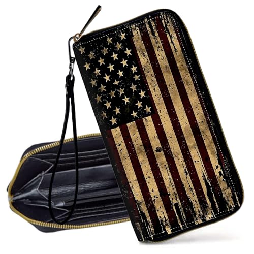 Decahouy RFID-blockierende Geldbörse für Frauen – schlanke PU-Leder-Reißverschluss-Clutch, niedliche Kreditkartenetui mit Handgelenkschlaufe für Damen, Vintage American Flag-1270 von Decahouy