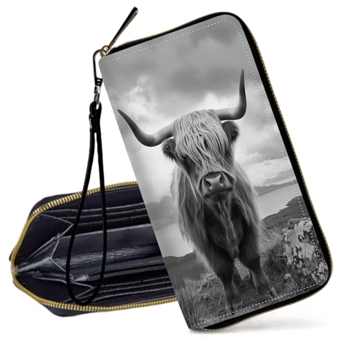 Decahouy RFID-blockierende Geldbörse für Frauen – schlanke PU-Leder-Reißverschluss-Clutch, niedliche Kreditkartenetui mit Handgelenkschlaufe für Damen, Vintage Highland Cow von Decahouy