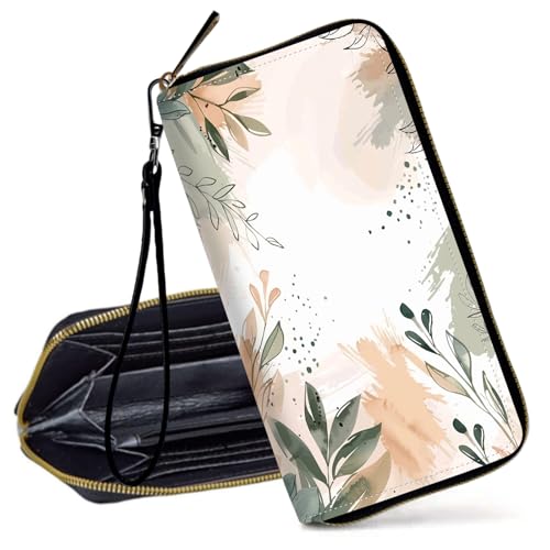Decahouy RFID-blockierende Geldbörse für Frauen – schlanke PU-Leder-Reißverschluss-Clutch, niedliche Kreditkartenetui mit Handgelenkschlaufe für Damen, Weiche Aquarellblätter von Decahouy