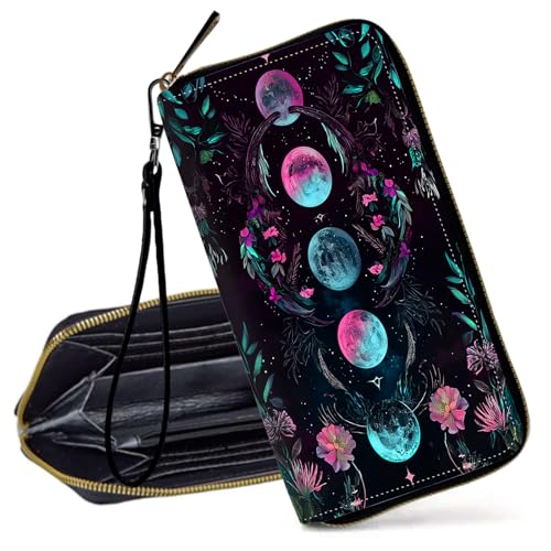 Decahouy RFID-blockierende Geldbörse für Frauen – schlanke PU-Leder-Reißverschluss-Clutch, niedliche Kreditkartenetui mit Handgelenkschlaufe für Damen, Wolf Heulen und Mond von Decahouy