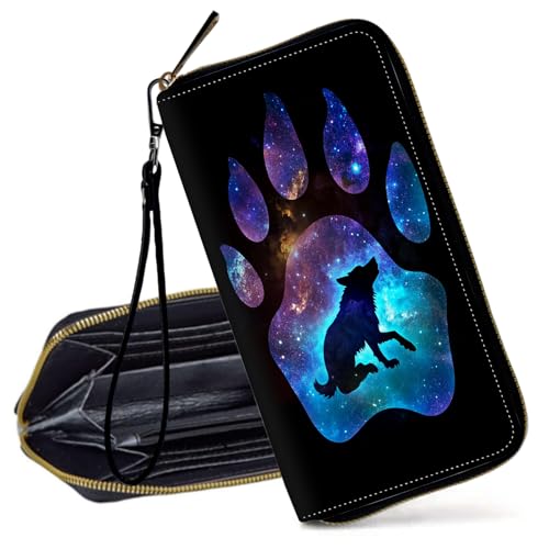 Decahouy RFID-blockierende Geldbörse für Frauen – schlanke PU-Leder-Reißverschluss-Clutch, niedliche Kreditkartenetui mit Handgelenkschlaufe für Damen, Wolf und Wolf Pfotenabdruck von Decahouy