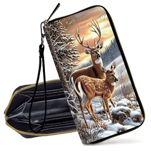 Decahouy RFID-blockierende Geldbörse für Frauen – schlanke PU-Leder-Reißverschluss-Clutch, niedliche Kreditkartenetui mit Handgelenkschlaufe für Damen, Zwei Hirsche im Winterwald von Decahouy