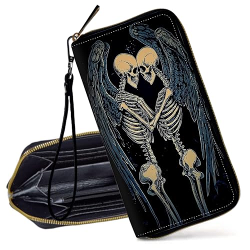 Decahouy RFID-blockierende Geldbörse für Frauen – schlanke PU-Leder-Reißverschluss-Clutch, niedliche Kreditkartenetui mit Handgelenkschlaufe für Damen, Zwei verliebte Skelettengel von Decahouy