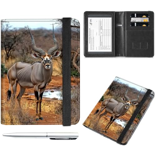 Decahouy Reisepass- und Impfkartenhalter, Reisepasshülle mit RFID-Blockierung, Leder-Impfkartenschlitz, Reisepasshülle für Damen und Herren, African Savannah Defra Antilope, with Pen von Decahouy