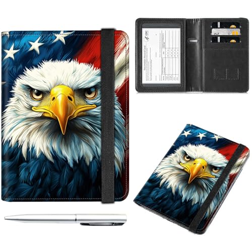 Decahouy Reisepass- und Impfkartenhalter, Reisepasshülle mit RFID-Blockierung, Leder-Impfkartenschlitz, Reisepasshülle für Damen und Herren, American Flag Eagle-1197, with Pen von Decahouy