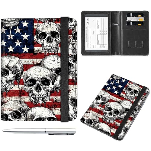 Decahouy Reisepass- und Impfkartenhalter, Reisepasshülle mit RFID-Blockierung, Leder-Impfkartenschlitz, Reisepasshülle für Damen und Herren, Amerikanische Flagge und Totenköpfe, with Pen von Decahouy