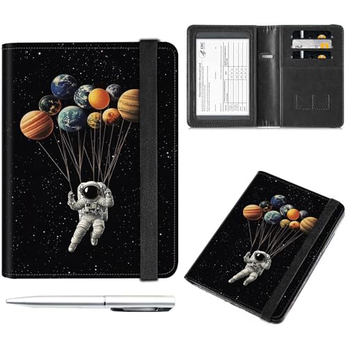Decahouy Reisepass- und Impfkartenhalter, Reisepasshülle mit RFID-Blockierung, Leder-Impfkartenschlitz, Reisepasshülle für Damen und Herren, Astronaut schwebt im Weltraum, with Pen von Decahouy