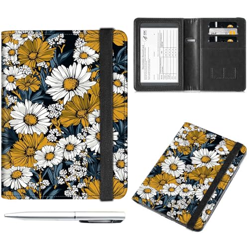 Decahouy Reisepass- und Impfkartenhalter, Reisepasshülle mit RFID-Blockierung, Leder-Impfkartenschlitz, Reisepasshülle für Damen und Herren, Blauer Senf und Wildblumen, with Pen von Decahouy