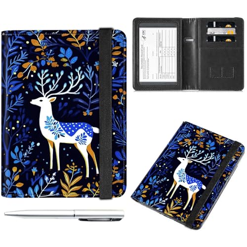 Decahouy Reisepass- und Impfkartenhalter, Reisepasshülle mit RFID-Blockierung, Leder-Impfkartenschlitz, Reisepasshülle für Damen und Herren, Blauer Wald und weißer Hirsch, with Pen von Decahouy