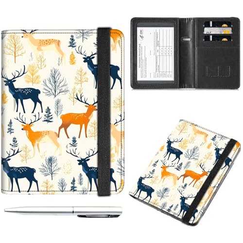 Decahouy Reisepass- und Impfkartenhalter, Reisepasshülle mit RFID-Blockierung, Leder-Impfkartenschlitz, Reisepasshülle für Damen und Herren, Bunte Hirsche, with Pen von Decahouy