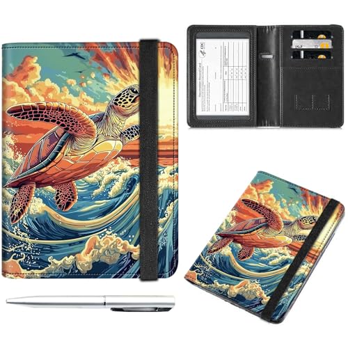 Decahouy Reisepass- und Impfkartenhalter, Reisepasshülle mit RFID-Blockierung, Leder-Impfkartenschlitz, Reisepasshülle für Damen und Herren, Bunte Meeresschildkröte, with Pen von Decahouy