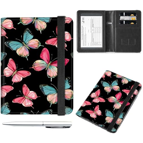 Decahouy Reisepass- und Impfkartenhalter, Reisepasshülle mit RFID-Blockierung, Leder-Impfkartenschlitz, Reisepasshülle für Damen und Herren, Bunte Schmetterlinge, with Pen von Decahouy