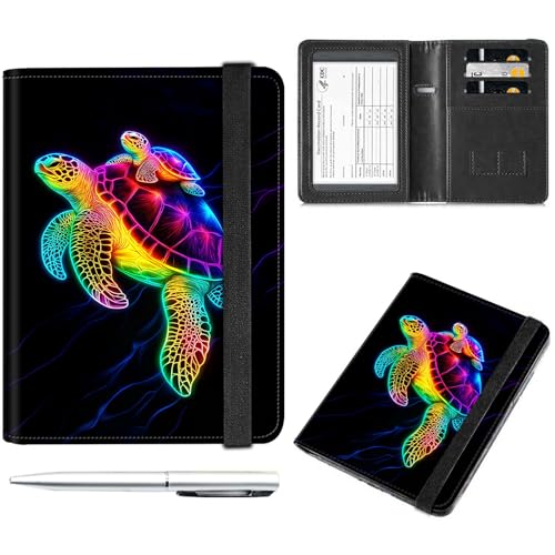 Decahouy Reisepass- und Impfkartenhalter, Reisepasshülle mit RFID-Blockierung, Leder-Impfkartenschlitz, Reisepasshülle für Damen und Herren, Bunte neonfarbene Elefanten, with Pen von Decahouy