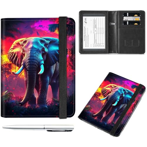 Decahouy Reisepass- und Impfkartenhalter, Reisepasshülle mit RFID-Blockierung, Leder-Impfkartenschlitz, Reisepasshülle für Damen und Herren, Bunter Dschungel-Elefant, with Pen von Decahouy