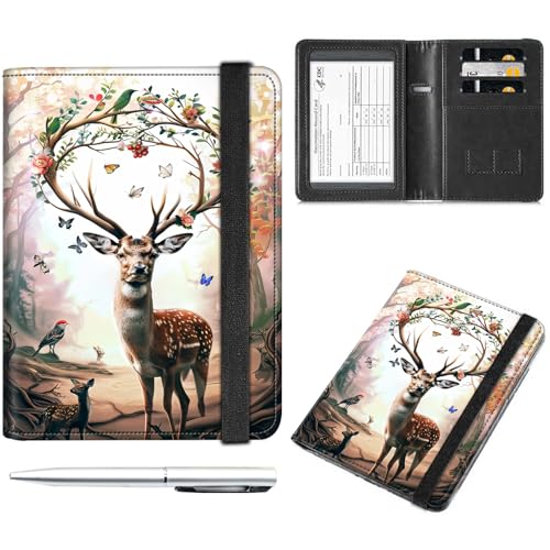 Decahouy Reisepass- und Impfkartenhalter, Reisepasshülle mit RFID-Blockierung, Leder-Impfkartenschlitz, Reisepasshülle für Damen und Herren, Ein wunderschöner Hirsch, with Pen von Decahouy