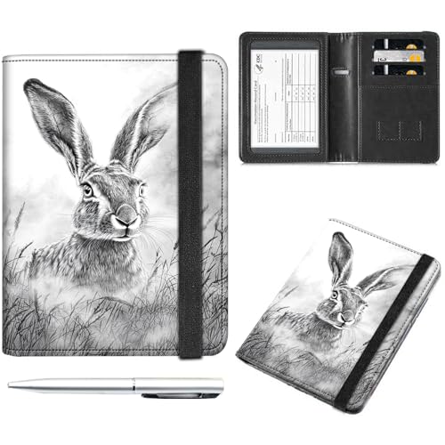 Decahouy Reisepass- und Impfkartenhalter, Reisepasshülle mit RFID-Blockierung, Leder-Impfkartenschlitz, Reisepasshülle für Damen und Herren, Elegante Kaninchen-Bleistiftzeichnung, with Pen von Decahouy