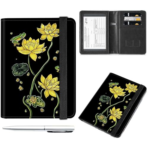 Decahouy Reisepass- und Impfkartenhalter, Reisepasshülle mit RFID-Blockierung, Leder-Impfkartenschlitz, Reisepasshülle für Damen und Herren, Gelbe Seerosen und Frosch, with Pen von Decahouy