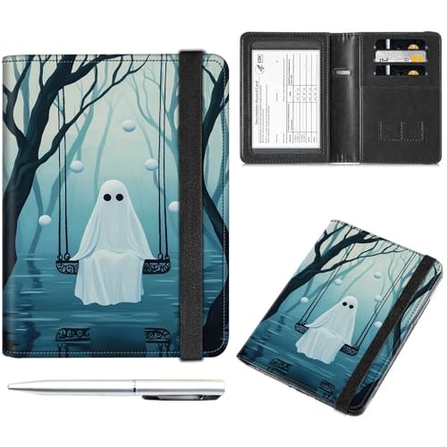 Decahouy Reisepass- und Impfkartenhalter, Reisepasshülle mit RFID-Blockierung, Leder-Impfkartenschlitz, Reisepasshülle für Damen und Herren, Gespenst sitzt auf der Schaukel, with Pen von Decahouy