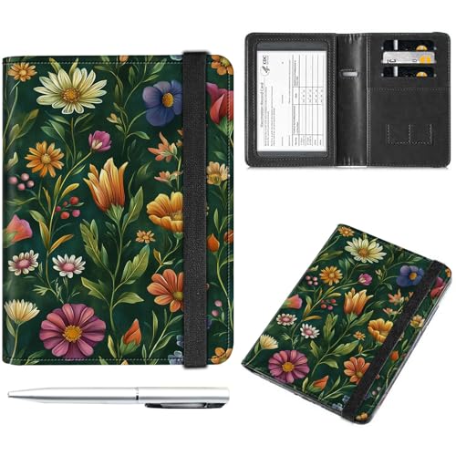 Decahouy Reisepass- und Impfkartenhalter, Reisepasshülle mit RFID-Blockierung, Leder-Impfkartenschlitz, Reisepasshülle für Damen und Herren, Grüne, bunte Wildblumen, with Pen von Decahouy