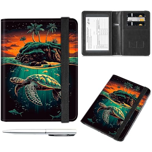 Decahouy Reisepass- und Impfkartenhalter, Reisepasshülle mit RFID-Blockierung, Leder-Impfkartenschlitz, Reisepasshülle für Damen und Herren, Grüne Meeresschildkröte und Insel, with Pen von Decahouy