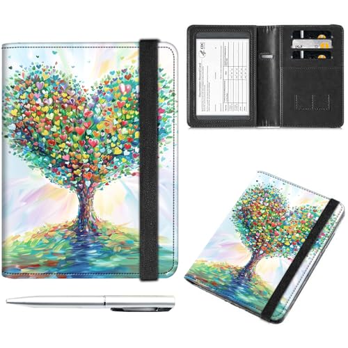 Decahouy Reisepass- und Impfkartenhalter, Reisepasshülle mit RFID-Blockierung, Leder-Impfkartenschlitz, Reisepasshülle für Damen und Herren, Herzförmiger Baum und Blätter, with Pen von Decahouy