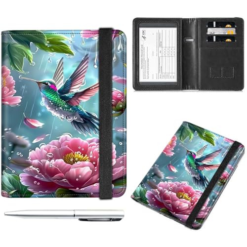 Decahouy Reisepass- und Impfkartenhalter, Reisepasshülle mit RFID-Blockierung, Leder-Impfkartenschlitz, Reisepasshülle für Damen und Herren, Kolibri und rosa Pfingstrosen, with Pen von Decahouy