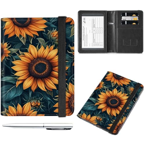 Decahouy Reisepass- und Impfkartenhalter, Reisepasshülle mit RFID-Blockierung, Leder-Impfkartenschlitz, Reisepasshülle für Damen und Herren, Lebendige Sonnenblumen, with Pen von Decahouy