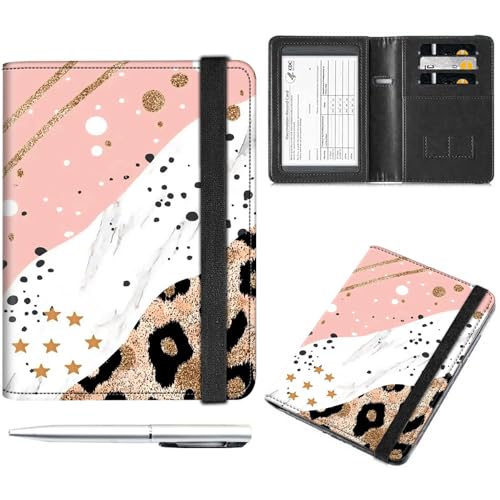 Decahouy Reisepass- und Impfkartenhalter, Reisepasshülle mit RFID-Blockierung, Leder-Impfkartenschlitz, Reisepasshülle für Damen und Herren, Leopardenmuster mit goldfarbenem Rand, with Pen von Decahouy