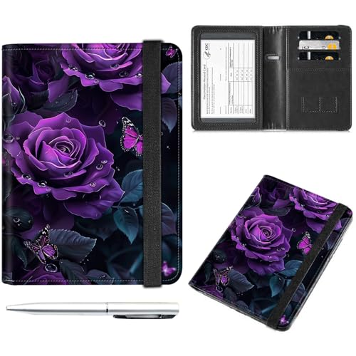 Decahouy Reisepass- und Impfkartenhalter, Reisepasshülle mit RFID-Blockierung, Leder-Impfkartenschlitz, Reisepasshülle für Damen und Herren, Lila Rosen und Schmetterlinge, with Pen von Decahouy