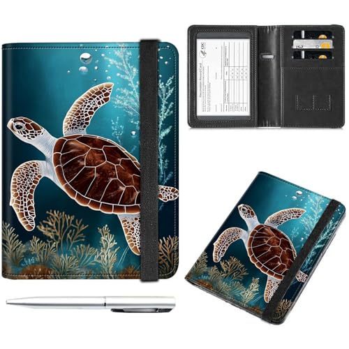 Decahouy Reisepass- und Impfkartenhalter, Reisepasshülle mit RFID-Blockierung, Leder-Impfkartenschlitz, Reisepasshülle für Damen und Herren, Meeresschildkröte und Wasserkraut, with Pen von Decahouy