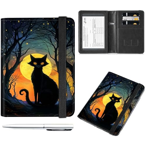 Decahouy Reisepass- und Impfkartenhalter, Reisepasshülle mit RFID-Blockierung, Leder-Impfkartenschlitz, Reisepasshülle für Damen und Herren, Mysterious Forest Black Cat, with Pen von Decahouy