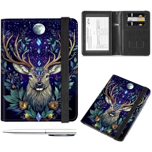 Decahouy Reisepass- und Impfkartenhalter, Reisepasshülle mit RFID-Blockierung, Leder-Impfkartenschlitz, Reisepasshülle für Damen und Herren, Mystische Hirsche und Blätter, with Pen von Decahouy