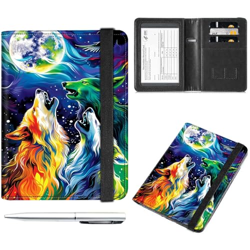 Decahouy Reisepass- und Impfkartenhalter, Reisepasshülle mit RFID-Blockierung, Leder-Impfkartenschlitz, Reisepasshülle für Damen und Herren, Night Sky Moon and Wolfs, with Pen von Decahouy