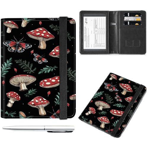 Decahouy Reisepass- und Impfkartenhalter, Reisepasshülle mit RFID-Blockierung, Leder-Impfkartenschlitz, Reisepasshülle für Damen und Herren, Pilzblätter und Motten, with Pen von Decahouy