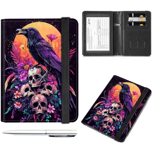 Decahouy Reisepass- und Impfkartenhalter, Reisepasshülle mit RFID-Blockierung, Leder-Impfkartenschlitz, Reisepasshülle für Damen und Herren, Rabe Mond und Totenköpfe, with Pen von Decahouy