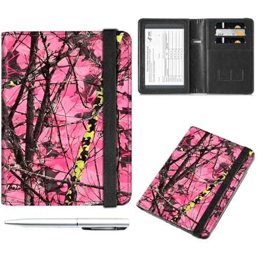 Decahouy Reisepass- und Impfkartenhalter, Reisepasshülle mit RFID-Blockierung, Leder-Impfkartenschlitz, Reisepasshülle für Damen und Herren, Rosa Camo und Baumzweige, with Pen von Decahouy