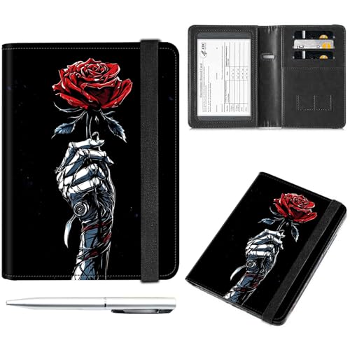 Decahouy Reisepass- und Impfkartenhalter, Reisepasshülle mit RFID-Blockierung, Leder-Impfkartenschlitz, Reisepasshülle für Damen und Herren, Rote Rose in einer Hand umwickelt, with Pen von Decahouy