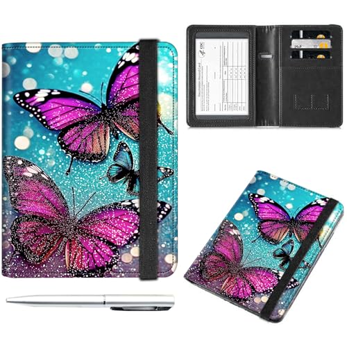 Decahouy Reisepass- und Impfkartenhalter, Reisepasshülle mit RFID-Blockierung, Leder-Impfkartenschlitz, Reisepasshülle für Damen und Herren, Schmetterlings-Glitzer-Hintergrund, with Pen von Decahouy
