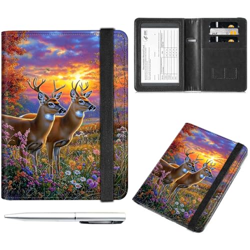 Decahouy Reisepass- und Impfkartenhalter, Reisepasshülle mit RFID-Blockierung, Leder-Impfkartenschlitz, Reisepasshülle für Damen und Herren, Schöne Hirsche und Wildblumen, with Pen von Decahouy