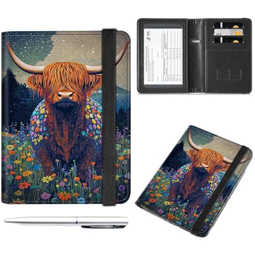 Decahouy Reisepass- und Impfkartenhalter, Reisepasshülle mit RFID-Blockierung, Leder-Impfkartenschlitz, Reisepasshülle für Damen und Herren, Schöne Hochlandkuh-Blumen, with Pen von Decahouy