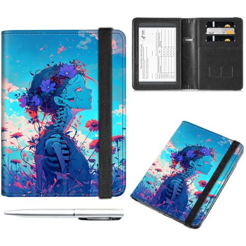 Decahouy Reisepass- und Impfkartenhalter, Reisepasshülle mit RFID-Blockierung, Leder-Impfkartenschlitz, Reisepasshülle für Damen und Herren, Schönes Anime-Totenkopf-Mädchen, with Pen von Decahouy