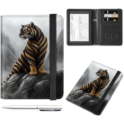 Decahouy Reisepass- und Impfkartenhalter, Reisepasshülle mit RFID-Blockierung, Leder-Impfkartenschlitz, Reisepasshülle für Damen und Herren, Schwarz-goldener Tiger, with Pen von Decahouy